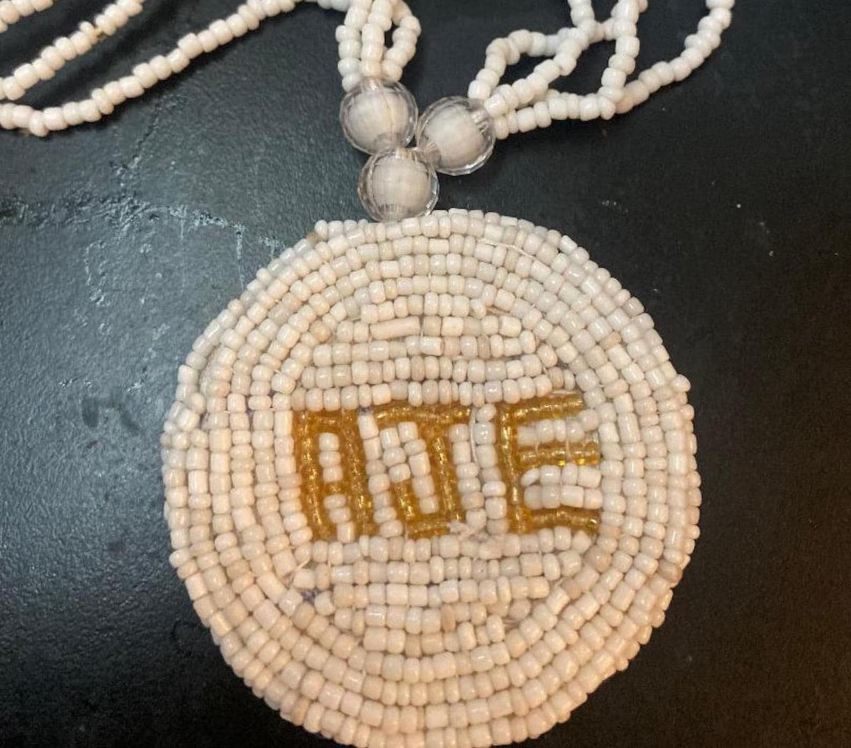 AJE Necklace Black Or Gold Lettering Ileke Eleke With Luxurious White Glass Beads