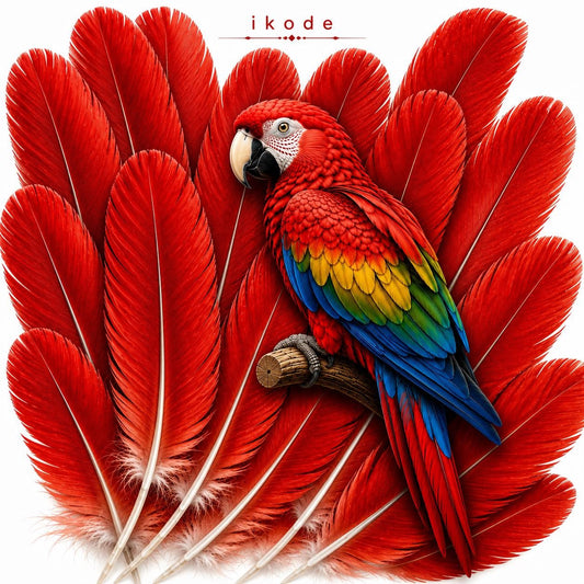 Vibrant parrot feathers from Yoruba Land. Humanely sourced.