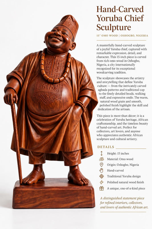 Yoruba Chief Sculpture | 15” Hand-Carved Omo Wood | Oshogbo Nigeria | Fine African Art | Luxury Collector Statement Piece