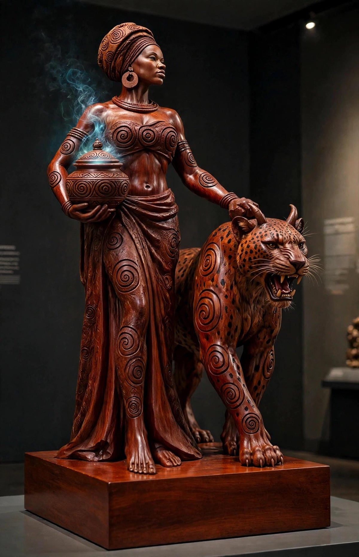 Hand-Carved Yoruba Woman & Leopard Sculpture | 20” Omo Wood African Art | Oshogbo Nigeria Statement Sculpture | Luxury Home Decor