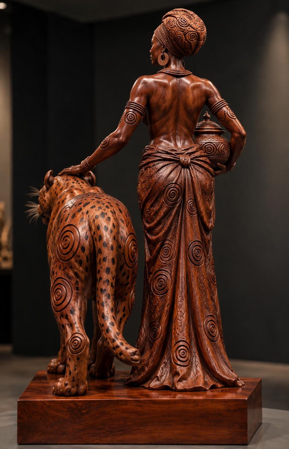 Hand-Carved Yoruba Woman & Leopard Sculpture | 20” Omo Wood African Art | Oshogbo Nigeria Statement Sculpture | Luxury Home Decor