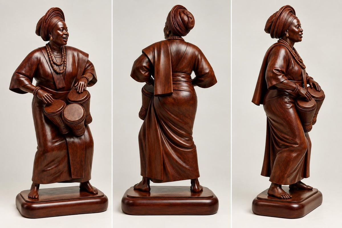 Rare 11 inches Hand Carved Omo wood Yoruba Female Bata Drummer Sculpture