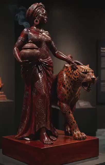 Hand-Carved Yoruba Woman & Leopard Sculpture | 20” Omo Wood African Art | Oshogbo Nigeria Statement Sculpture | Luxury Home Decor